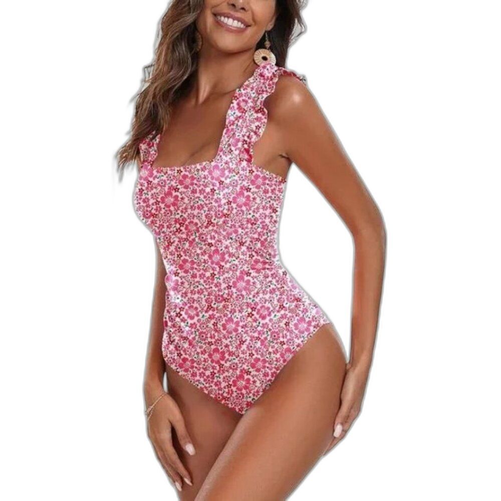 AI'MAGE Swimsuit Pink Floral Sz XL Tummy Control Square Neck Ruffled Straps